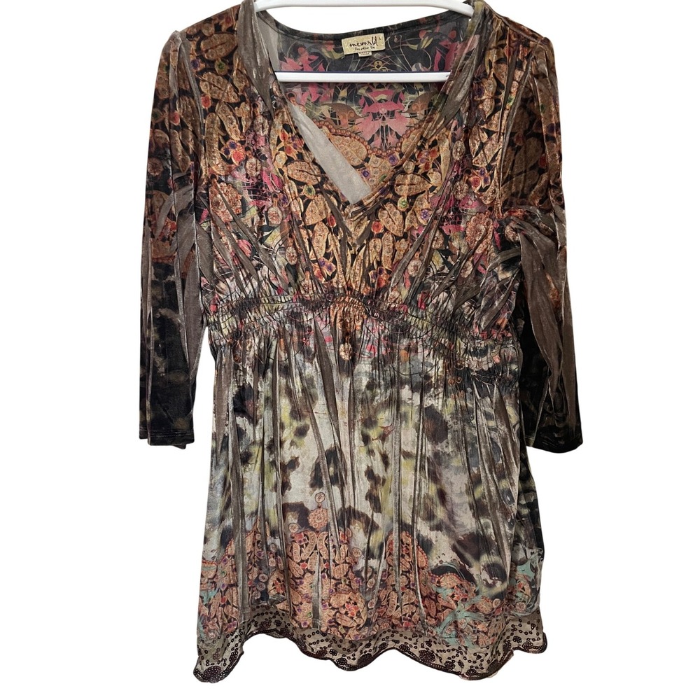 One World Size L Earthy Printed Velvet Tunic Top Sequin Hem Boho Artsy Fairy